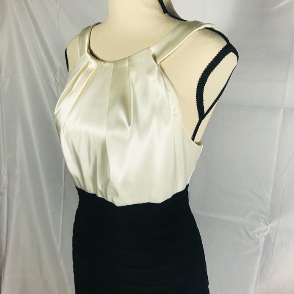 Ivory Satin and Black Pleated Halter Formal Dress - Picture 2 of 7